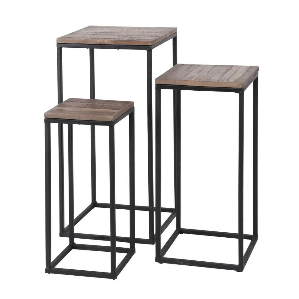 Giga Meubel Bloemenzuil Set Van 3 Teakhout - Vierkant - Metalen Frame