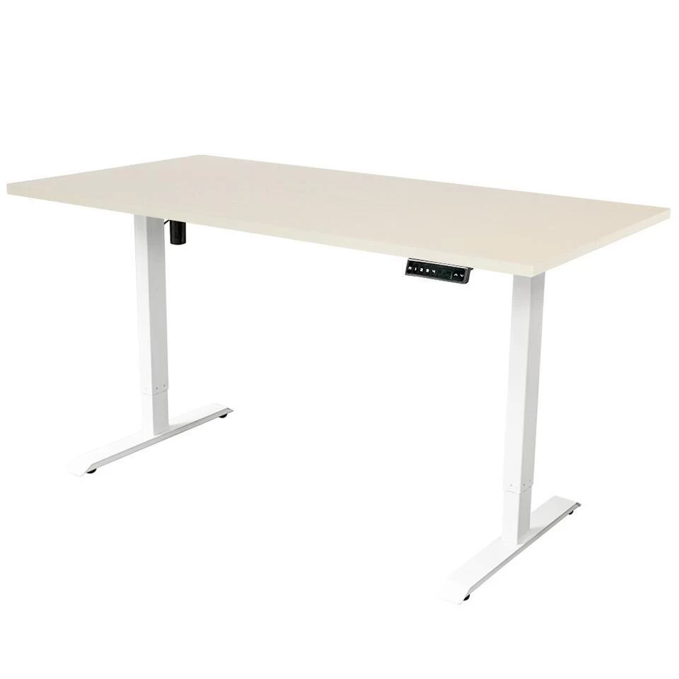Elektrisch Verstelbaar Bureau - 140x80 Cm - Single Motor - Wit / Licht Eiken