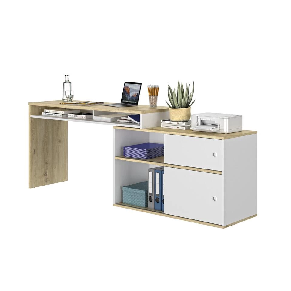 Diagone Bureau Modula - 6 Posities - 2 Schuifdeuren - Wit/eikenkleur - Afbeelding 2