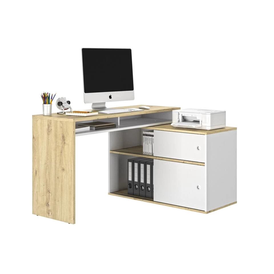 Diagone Bureau Modula - 6 Posities - 2 Schuifdeuren - Wit/eikenkleur - Afbeelding 4