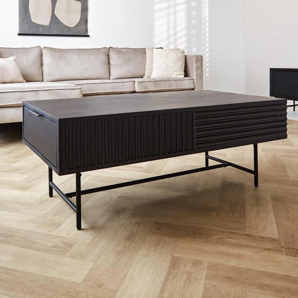 Salontafel Met Opbergruimte Jonas Mangohout 120x60 Cm Zwart 120x120x46 Cm - Afbeelding 3