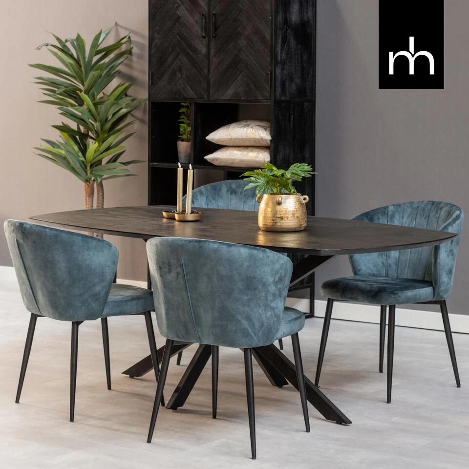 Eettafel Vicenza Black Deens 240x110cm - Mangohout - Zwart - Ovaal - Afbeelding 2