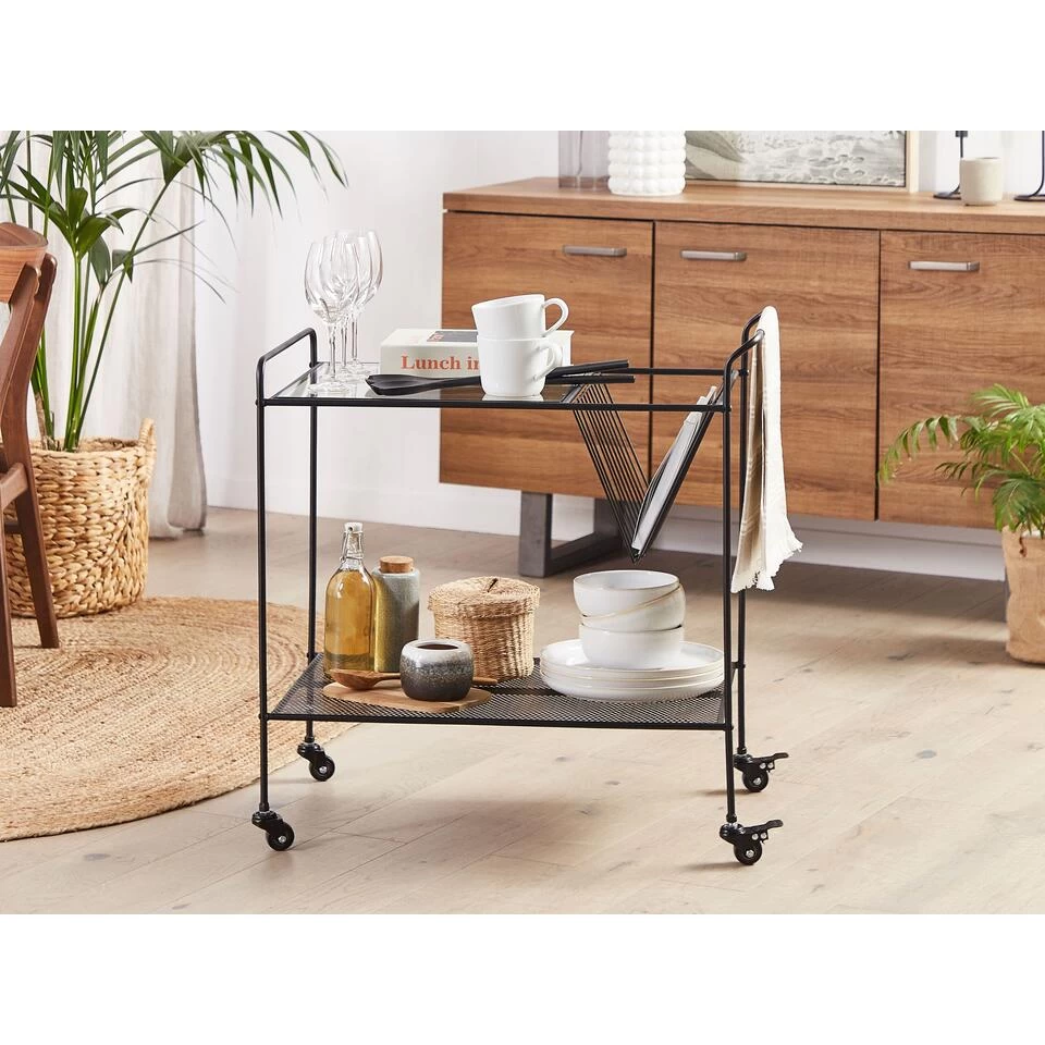 Beliani Keukentrolley ALAMO - Zwart Veiligheidsglas, Metaal - Afbeelding 2