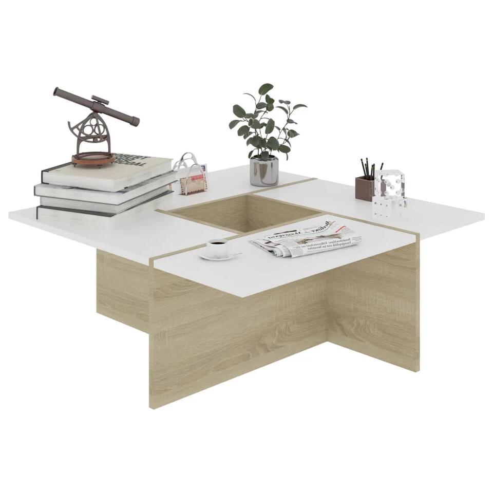 VidaXL Salontafel 79,5x79,5x30 Cm Spaanplaat Wit Sonoma Eikenkleurig - Afbeelding 3